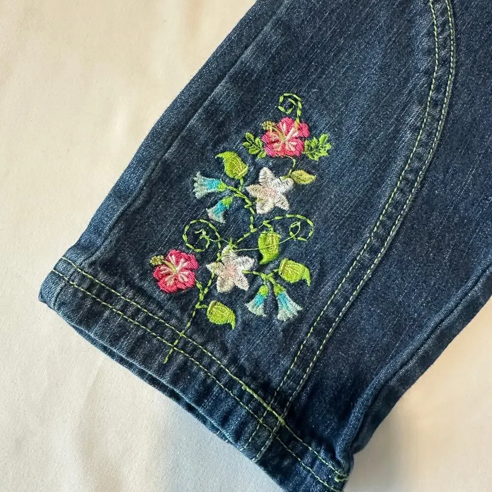 Vintage B.T. Kids Flower Embroidered Denim Jeans w/ Green Fabric Belt Sz 5T